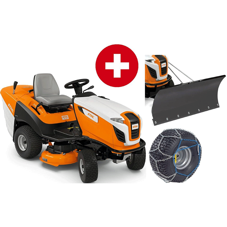 Stihl RT 5097 gazontractor winterpakket met sneeuwploeg en sneeuwkettingen, model 2025, nieuw